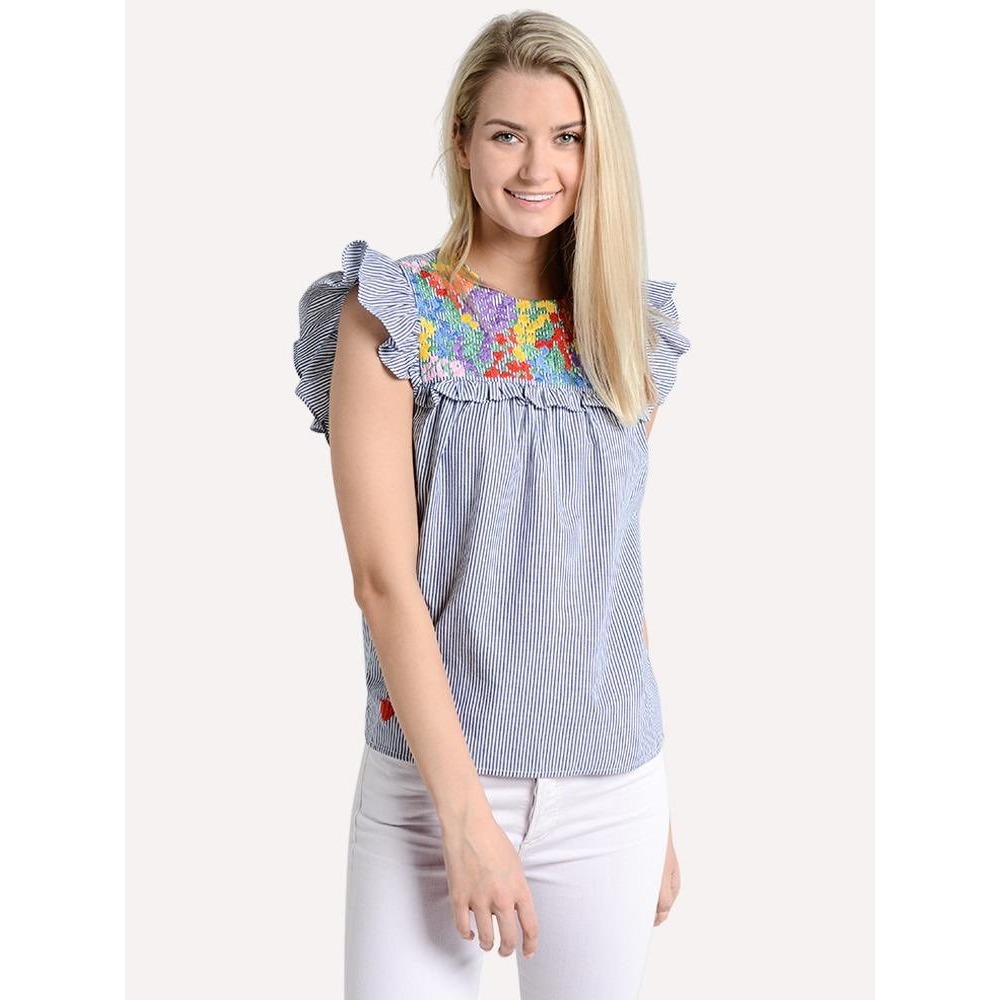 J.Marie Embroidered Striped Flutter Top Boho Cottagecore Coastal Folk Small